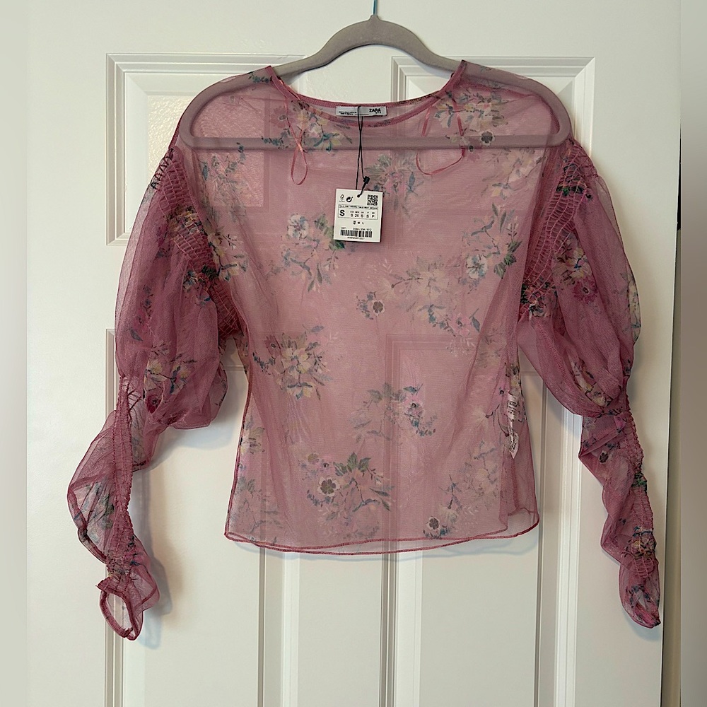 NWT- Zara Sheer Pink Floral Longsleeve Top Size Small